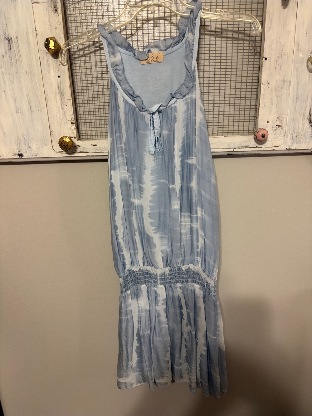 Light Blue Tie-Dye Sleeveless Ruffle Hem Dress